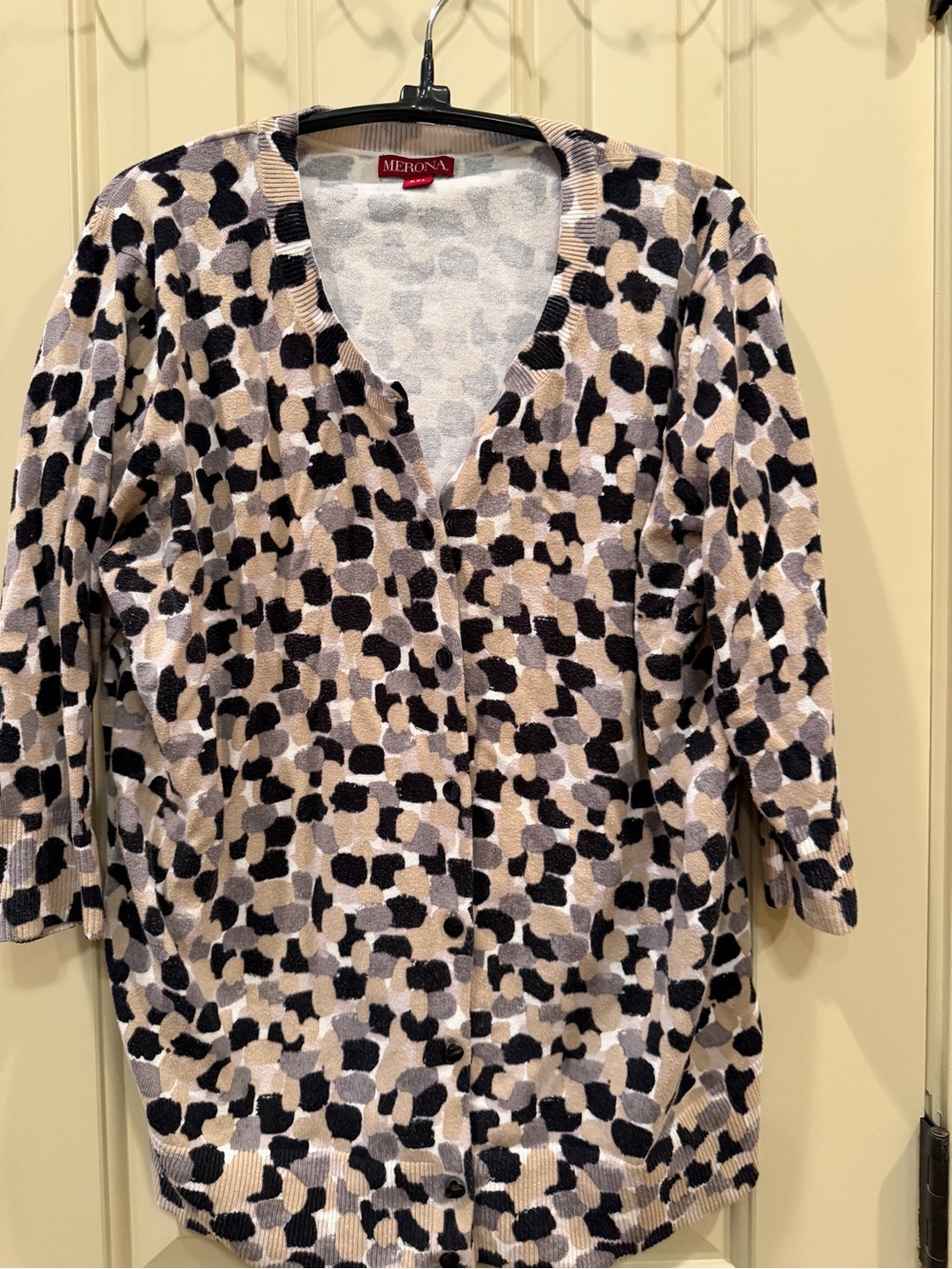 Merona Beige Black Gray Abstract Print Cardigan Sweater